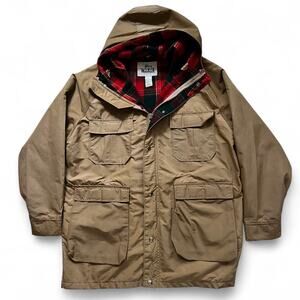 Vintage Woolrich Hooded Field Jacket Plaid Lined Tan Size L USA Made 80s 90s